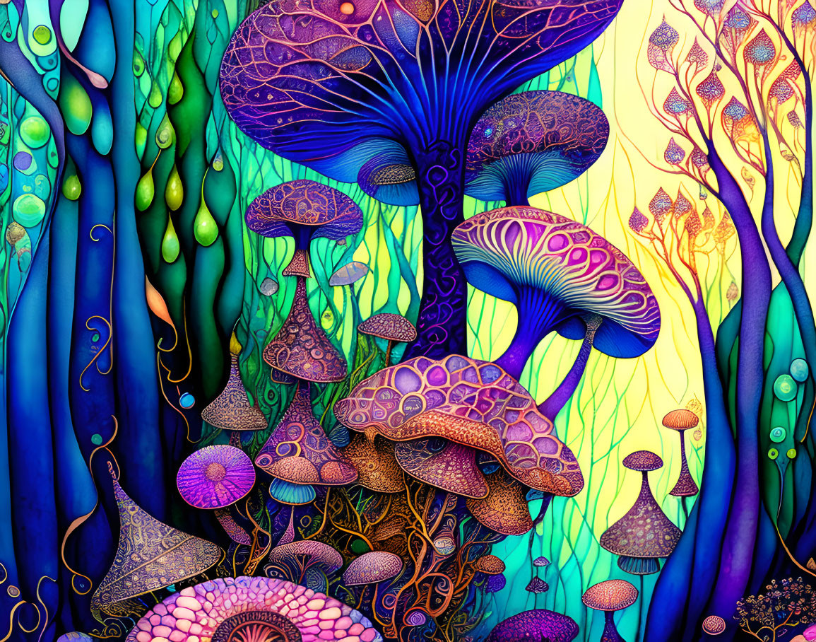 Vibrant fantasy forest illustration with colorful mushrooms and plant-like structures