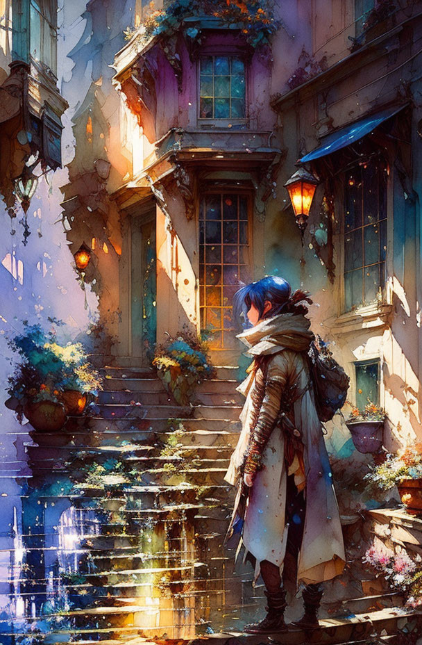 Blue-haired character in scarf at sunlit village stairway