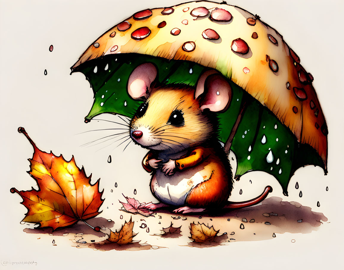 Illustrated mouse with warm expression holding leaf-stem umbrella and fallen autumn leaf