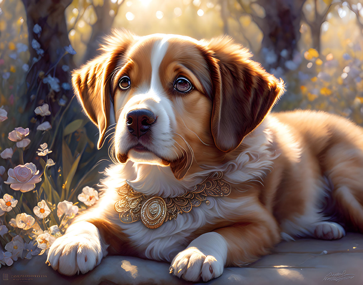 Brown and White Dog with Decorative Collar in Sunlit Flower Garden