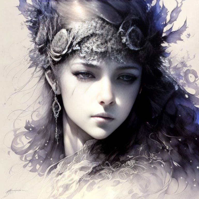 Mystical woman portrait with feathered headdress in purple and grey