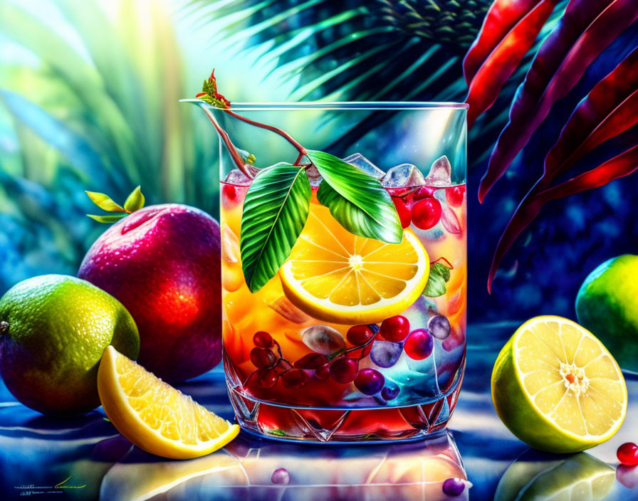 Colorful Cocktail with Citrus Fruits and Berries on Tropical Background