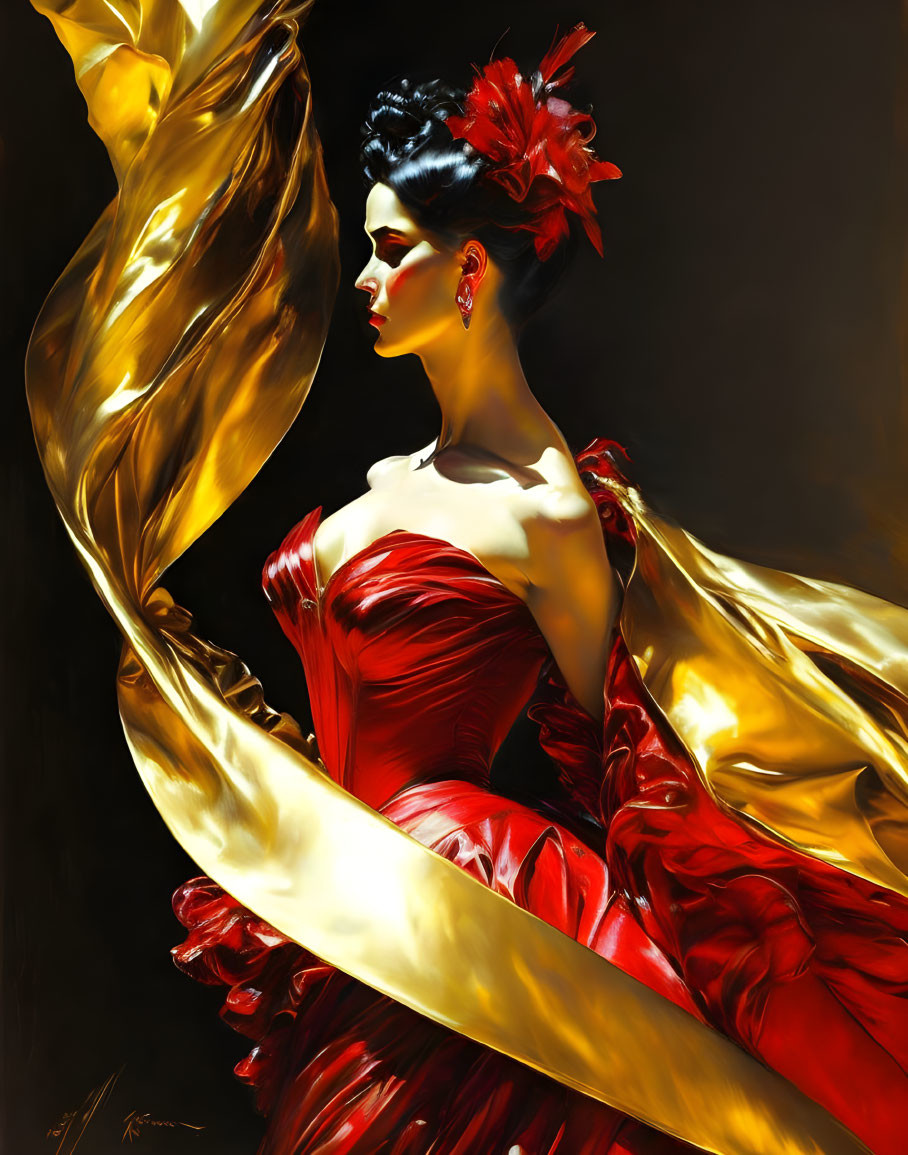 Woman in Vibrant Red Dress with Golden Shawl and Red Flowers in Hair against Dark Background