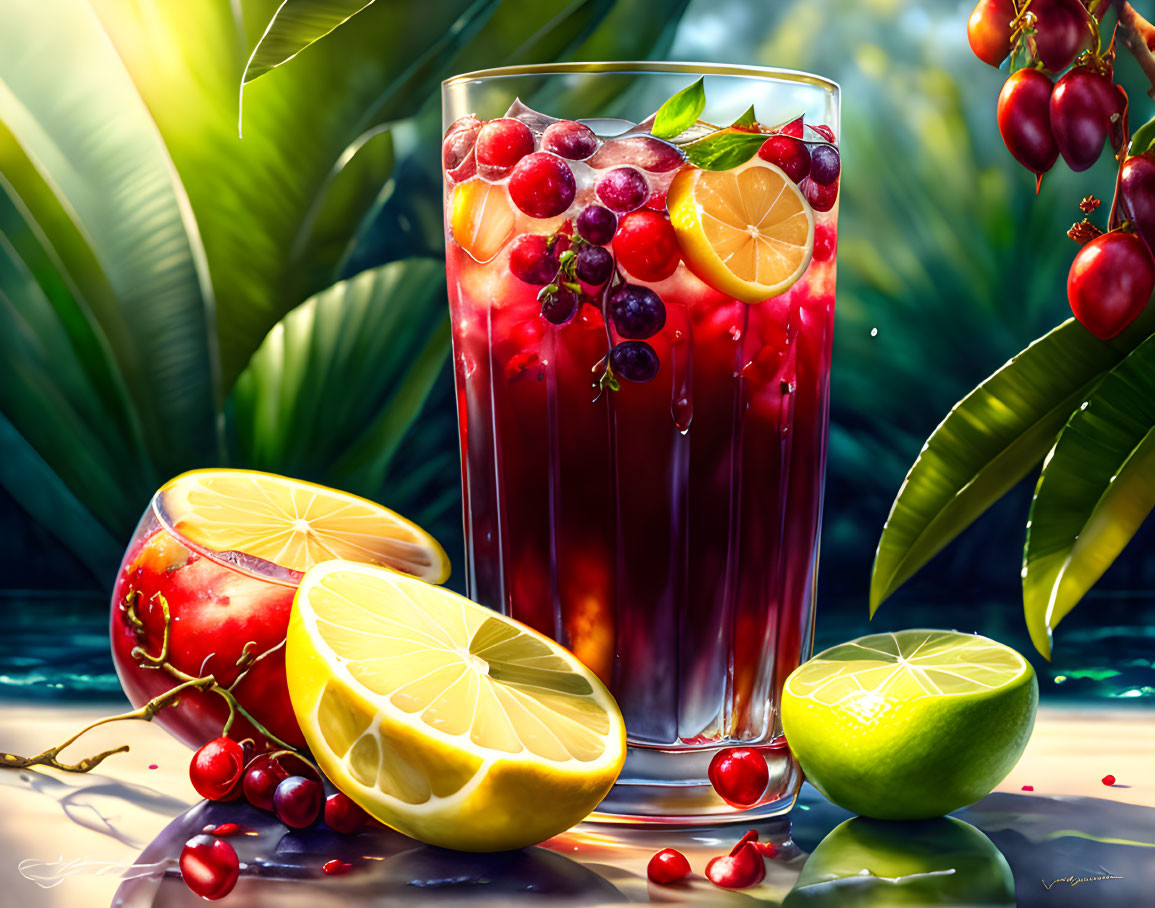 Berry Cocktail with Lemon Slice and Mint in Glass Among Fresh Fruits