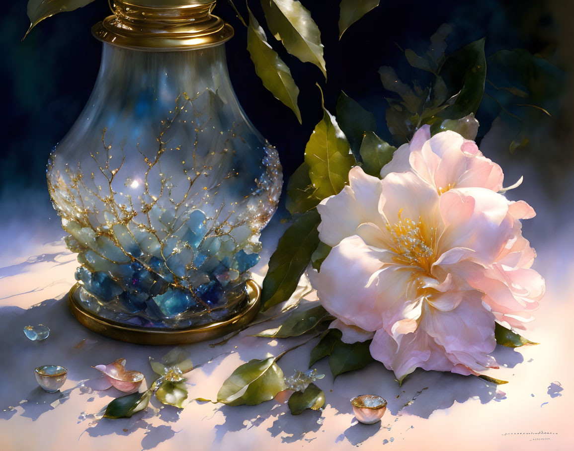 Realistic painting: ornate glass lamp, lush green leaves, delicate white flower, translucent beads