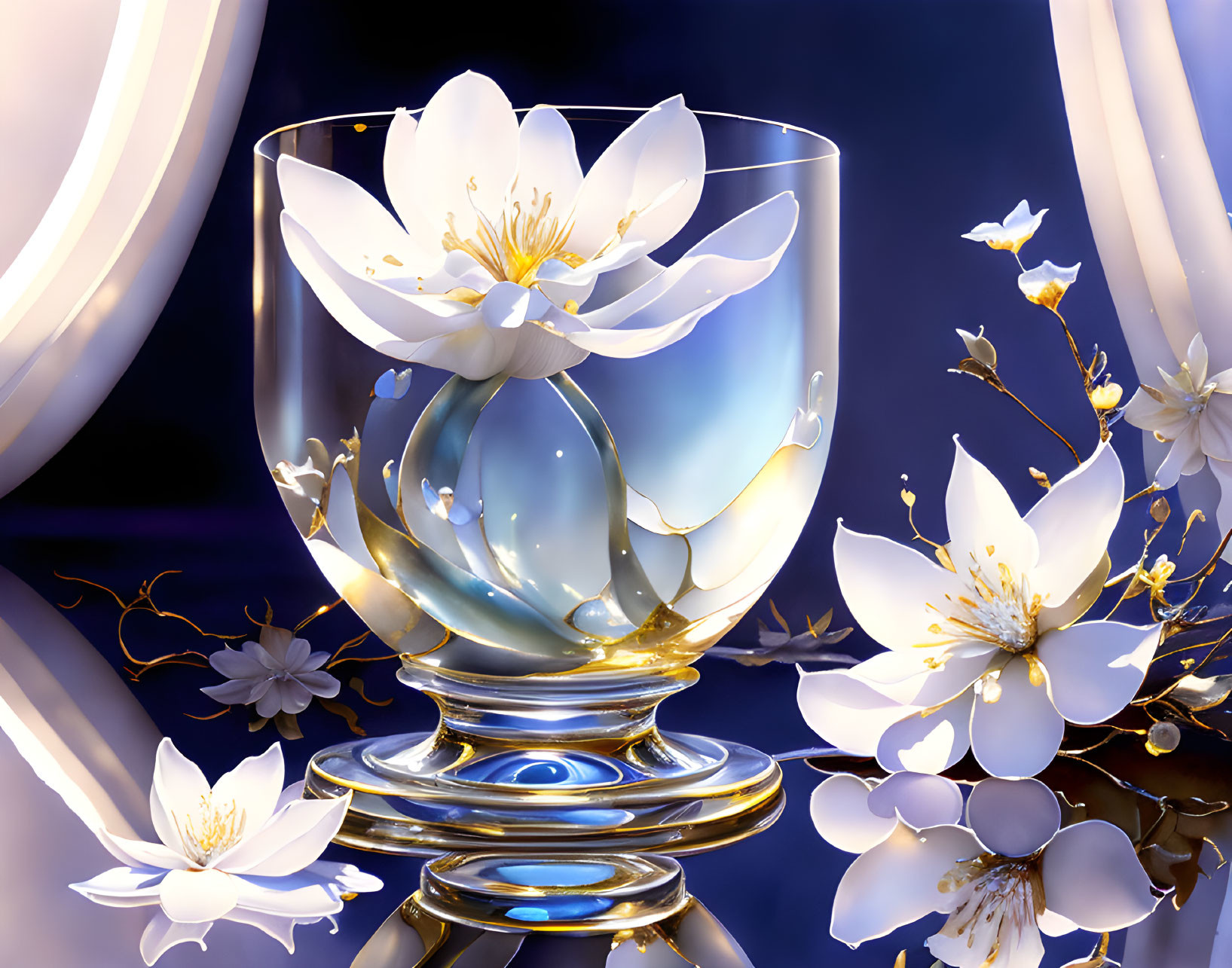 White Flower Design Glass with Blue and Black Background and Gold Accents