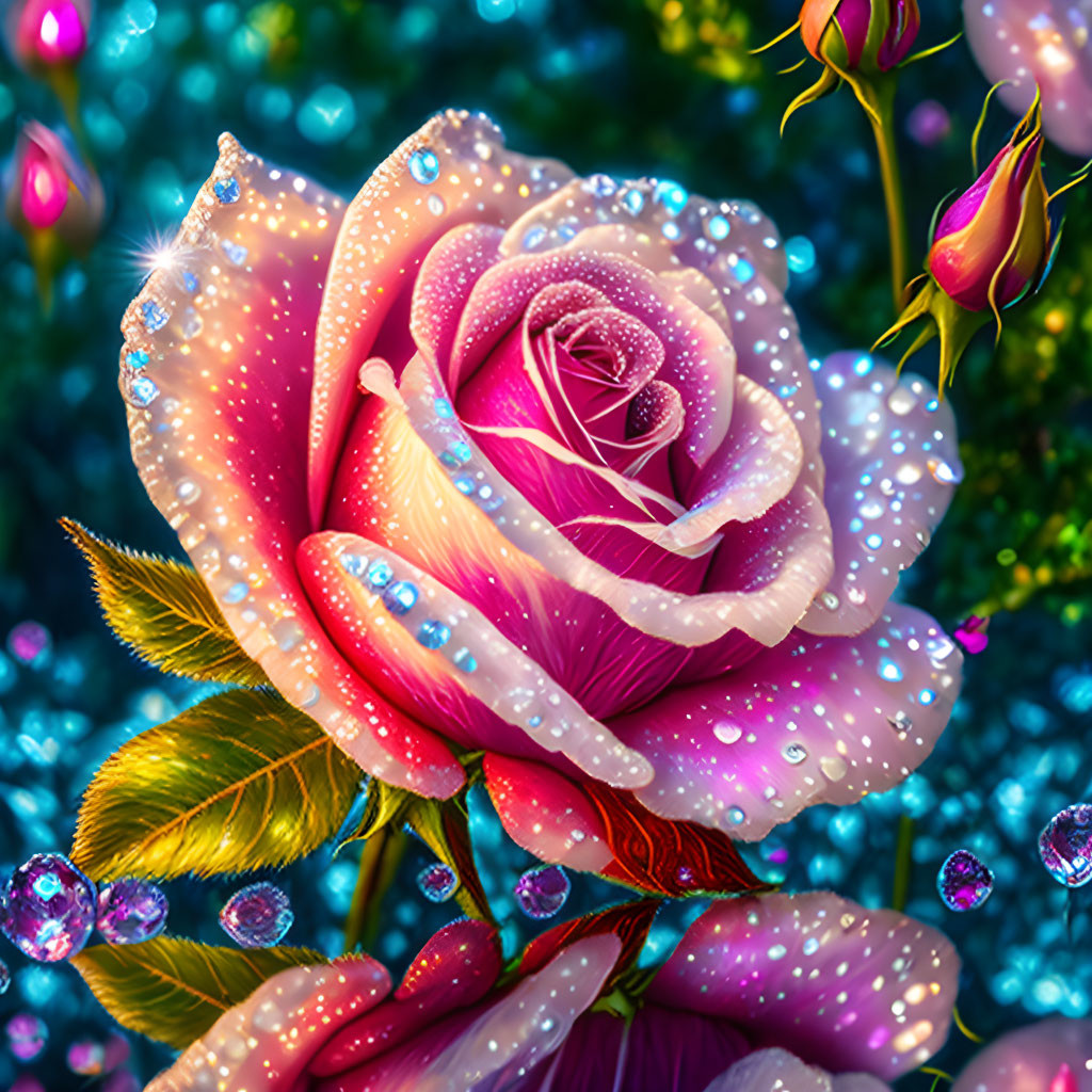 Pink rose with dewdrops and light effects on green bokeh background