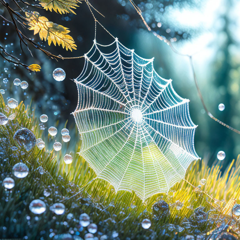 Morning Light Illuminates Dewy Spider Web Among Pine Branches