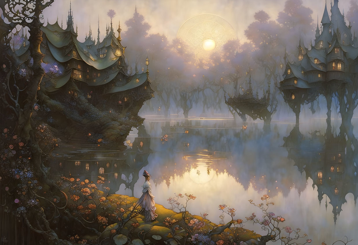 Mystical landscape with reflective lake, ornate buildings, glowing sun, and ethereal mist