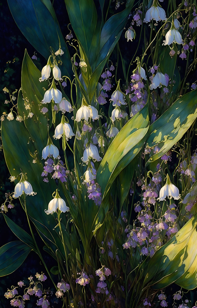 White Bell-Shaped and Purple Flowers on Dark Background