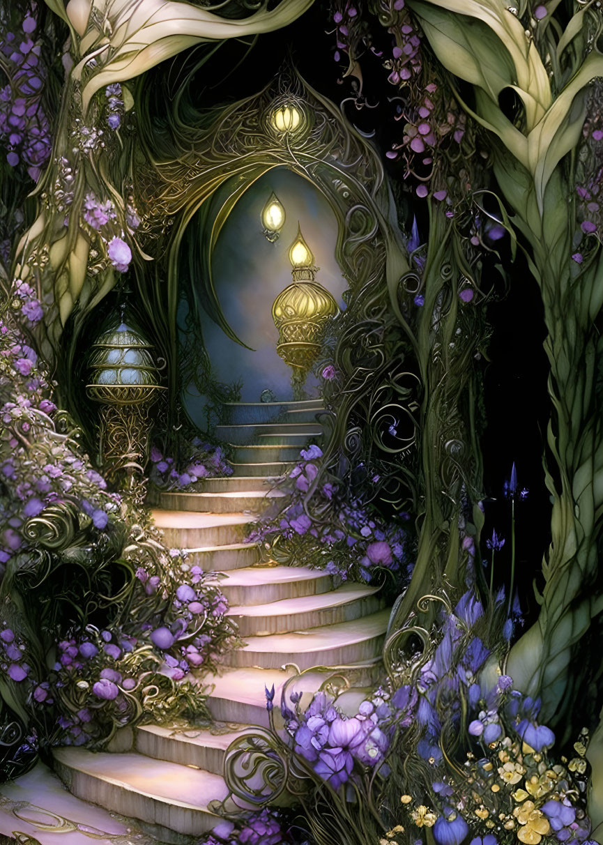 Illustration of mystical stairway with violet flowers, vines, moonlit archway.