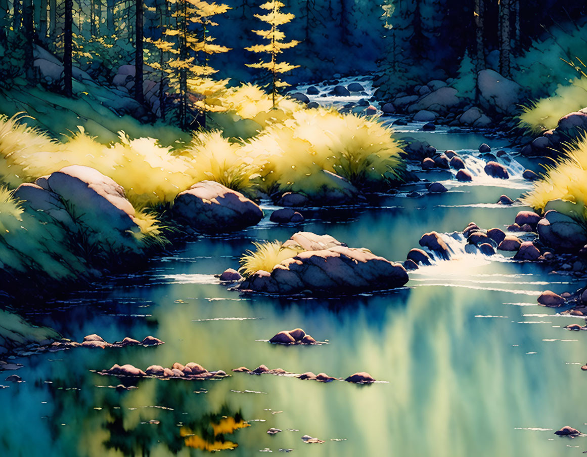 Tranquil forest creek with sunlit rocks and shadowy trees