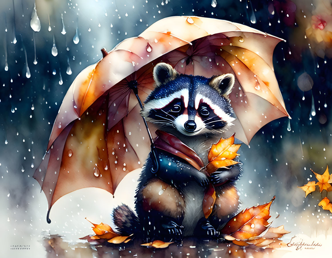 Raccoon with umbrella in gentle rain surrounded by autumn leaves