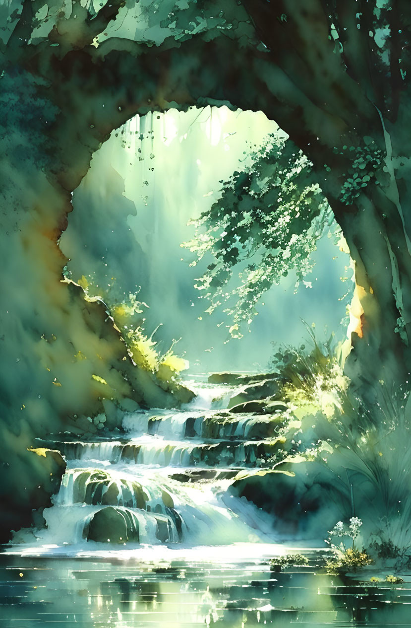 Tranquil waterfall under natural archway and soft light