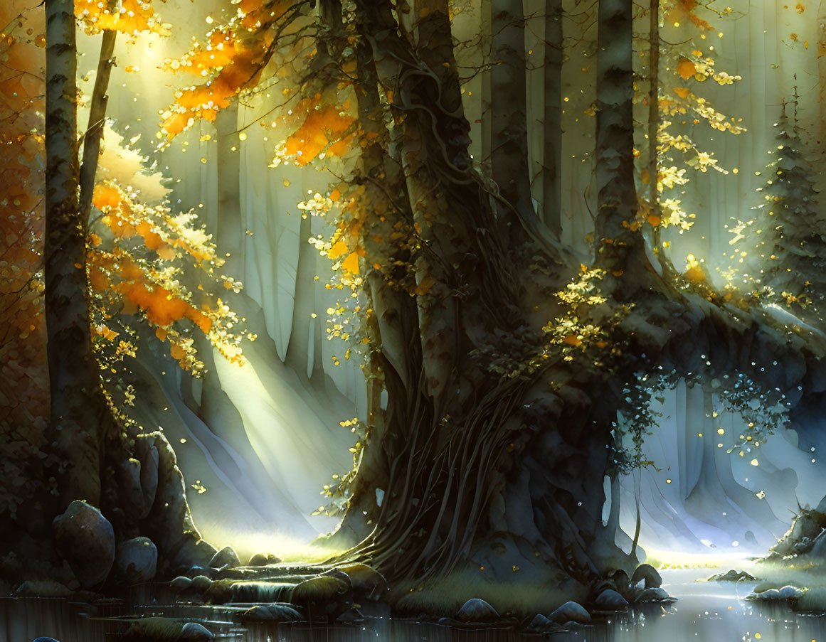 Sunlit forest scene with golden leaves and warm light contrasts