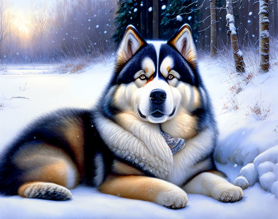 Fluffy Alaskan Malamute in snowy landscape with scarf and falling snowflakes