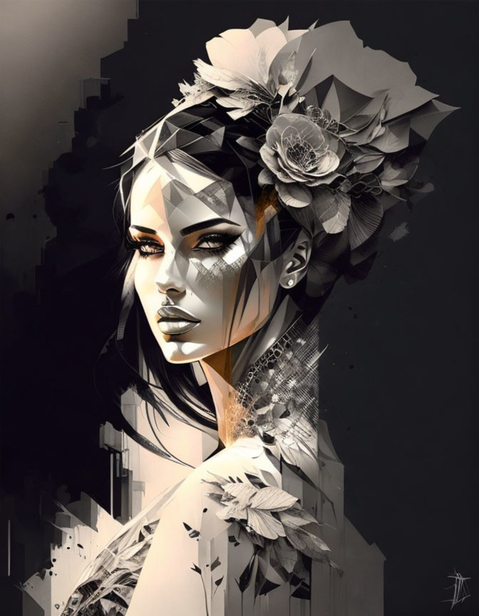 Stylized woman with floral and geometric effects