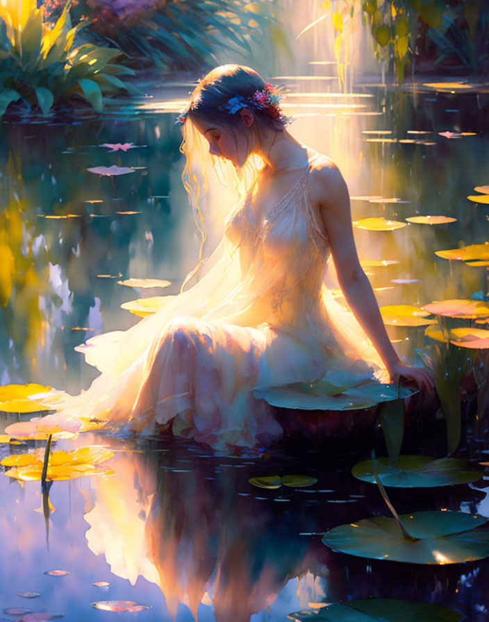 Woman in flowing dress sitting on lily pad pond in golden light