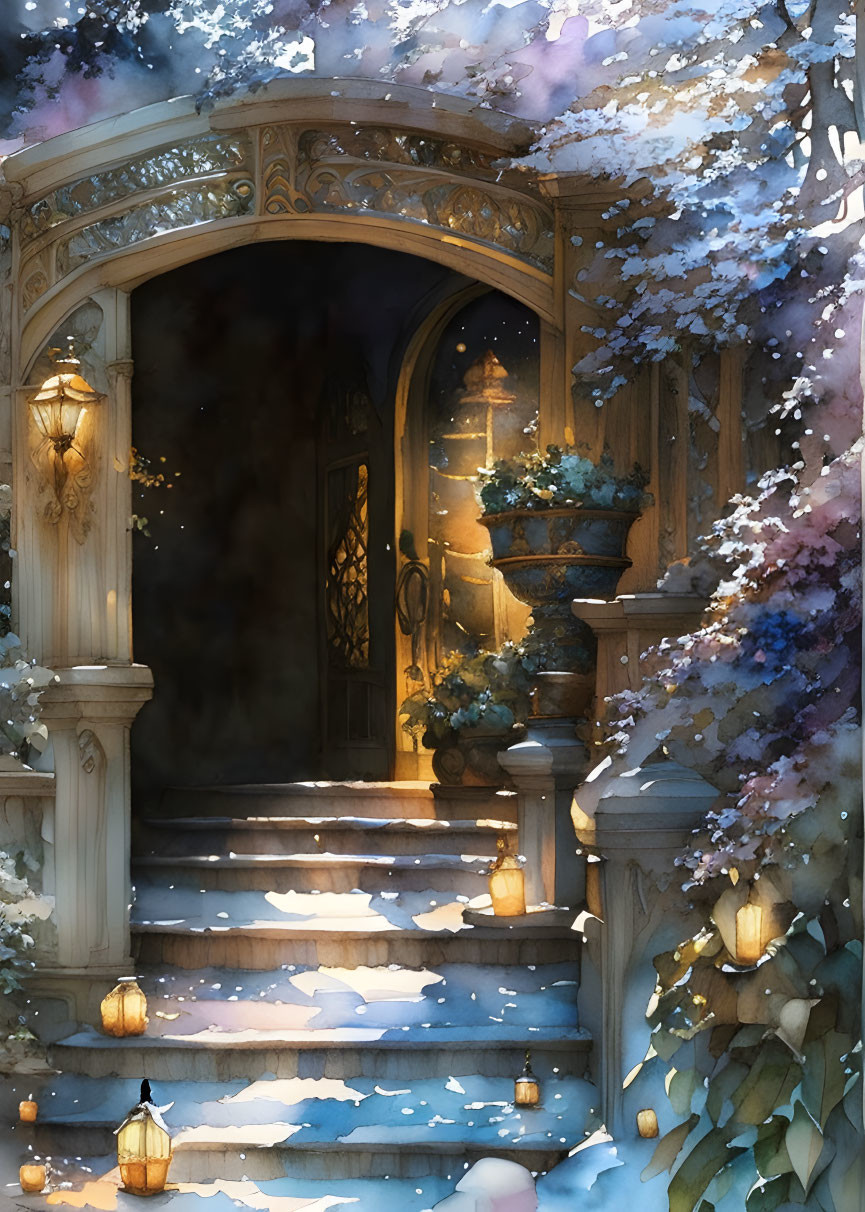 Snow-covered stone staircase and ornate wooden door in watercolor.