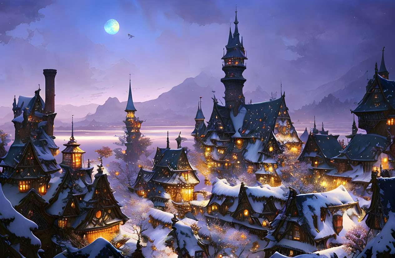 Snowy village at night: Lit buildings, castle, starry sky, full moon