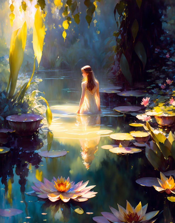 Woman in White Dress Contemplating Pond with Water Lilies