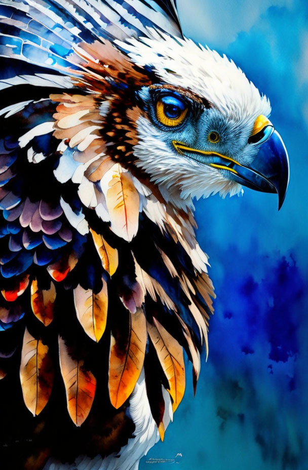 Vividly Colored Eagle Painting with Detailed Feathers and Intense Eyes