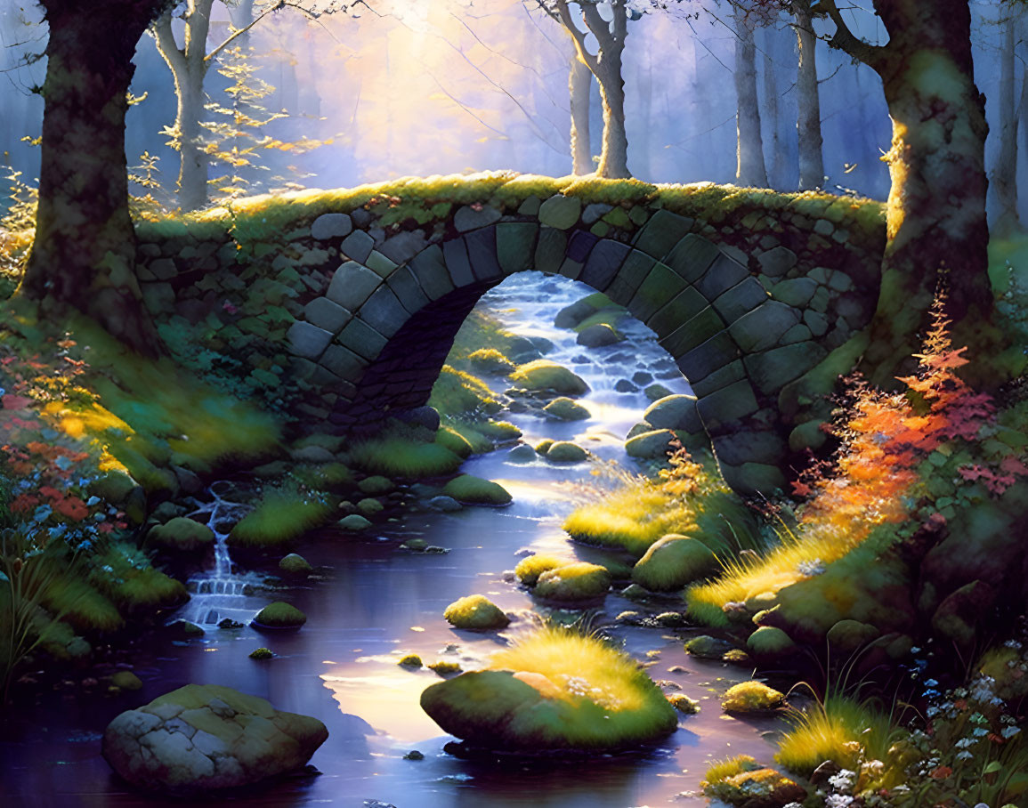 Stone bridge over serene stream in mystical forest with moss-covered rocks and autumn foliage