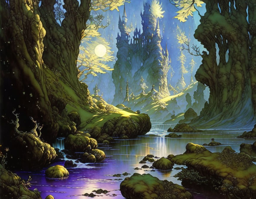 Mystical fantasy forest with towering trees and serene river