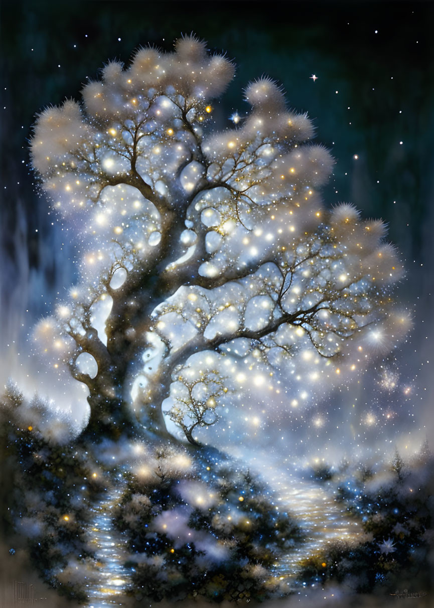 Glowing blossoms on mystical tree in starry night