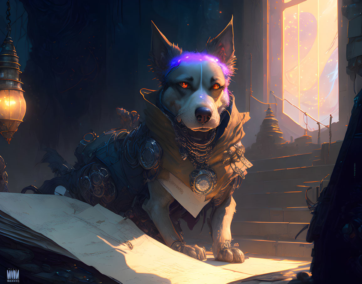 Majestic wolf in futuristic armor with glowing eyes in temple-like room