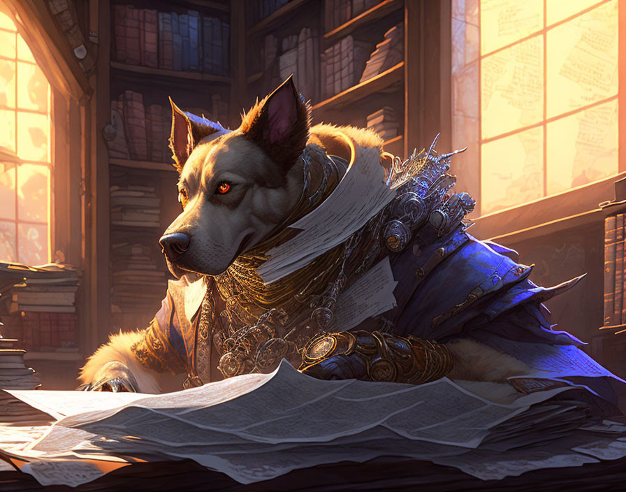 Regal dog in ornate armor at desk in library setting