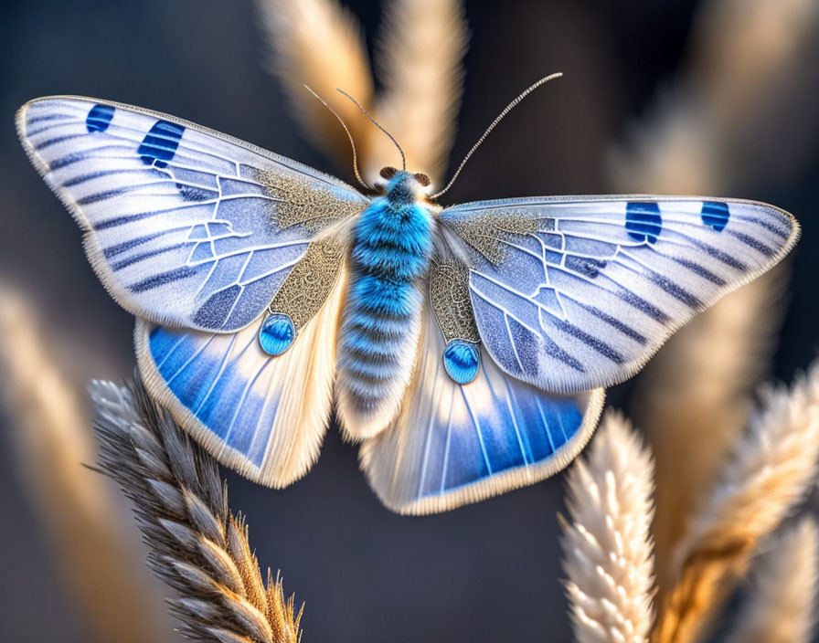 Vibrant blue and white butterfly on wheat-like plants with water droplets