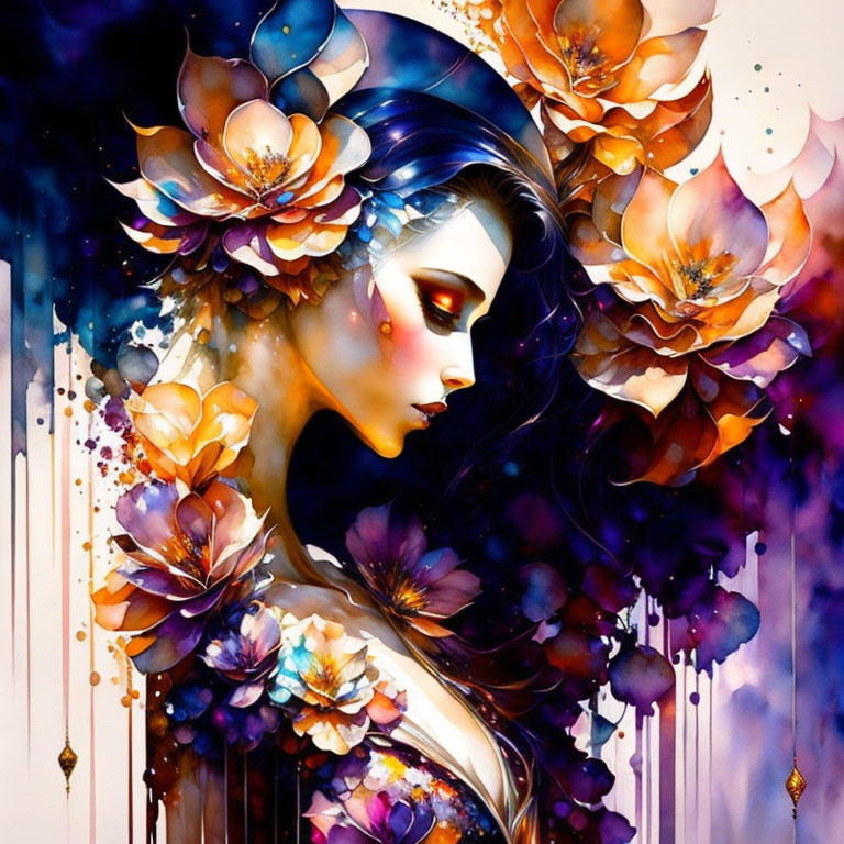 Colorful artwork of woman's profile with vibrant flowers in blue and purple hues