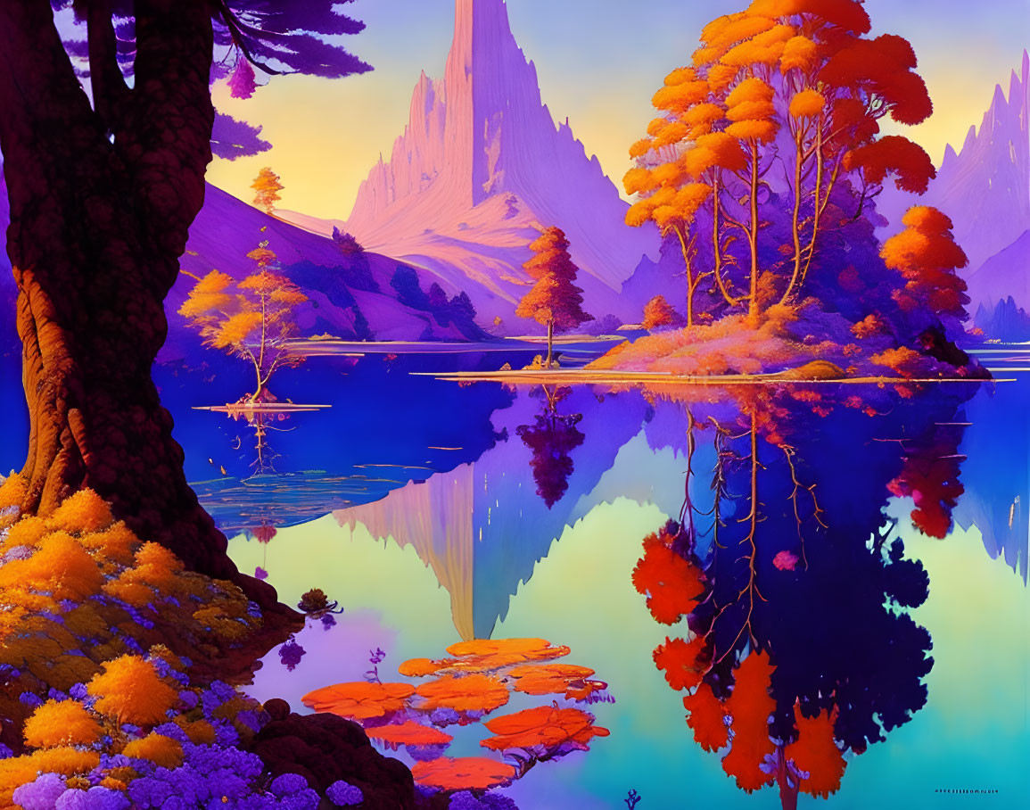 Colorful alien trees and rock spires in serene lake artwork