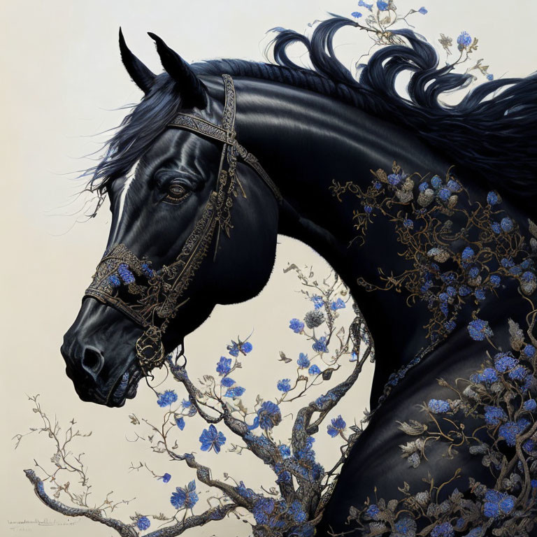 Detailed Painting of Black Horse with Ornate Bridle and Blue Blossoms