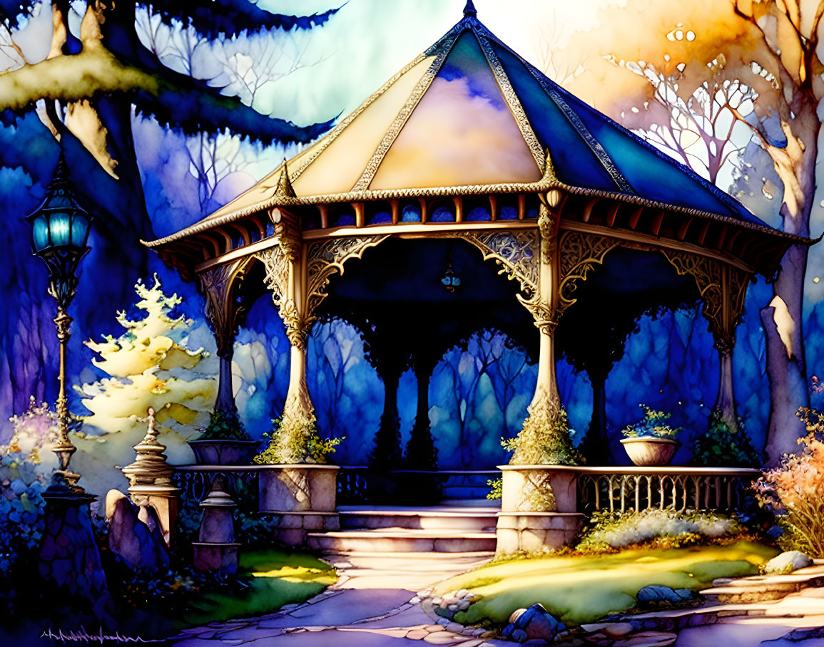 Enchanting forest gazebo with ornate details and glowing lamp post