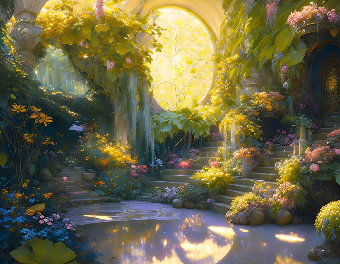 Lush greenery and vibrant flowers in a mystical garden landscape