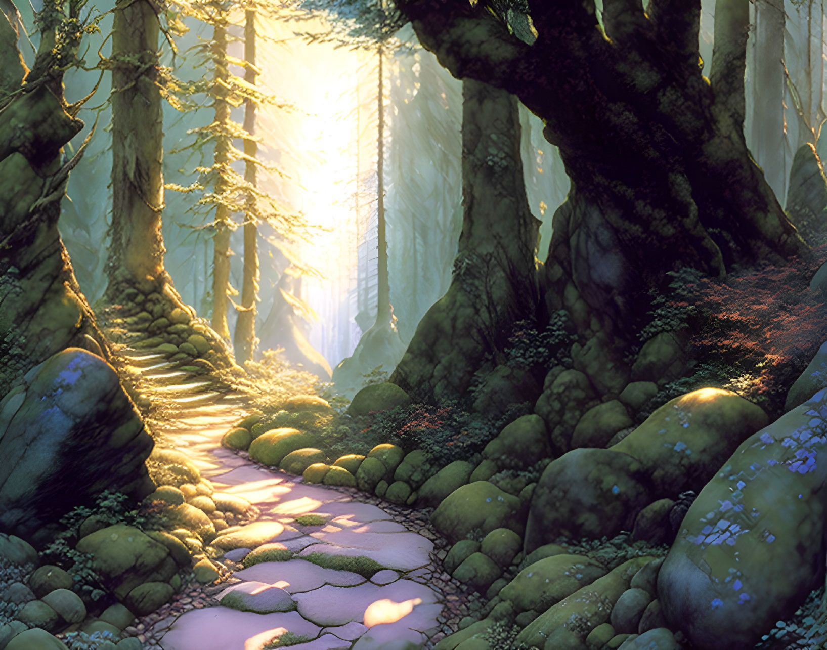 Tranquil Forest Scene with Sunbeams and Moss-Covered Pathway