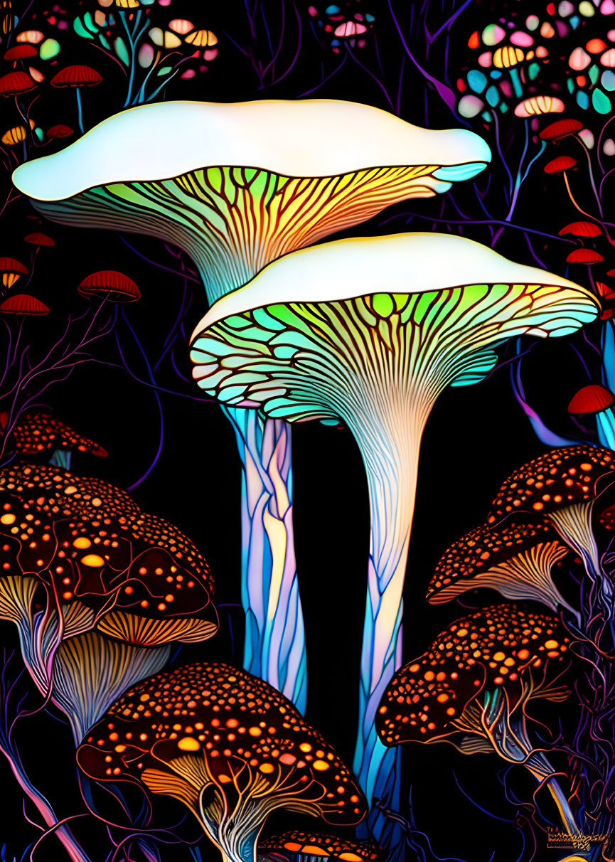 Colorful Psychedelic Mushroom Illustration on Dark Background