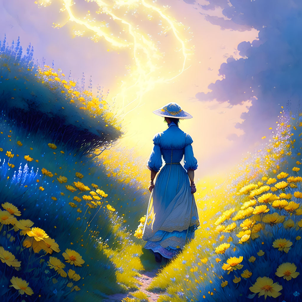 Vintage-attired woman strolls in flower field under dramatic sky with lightning