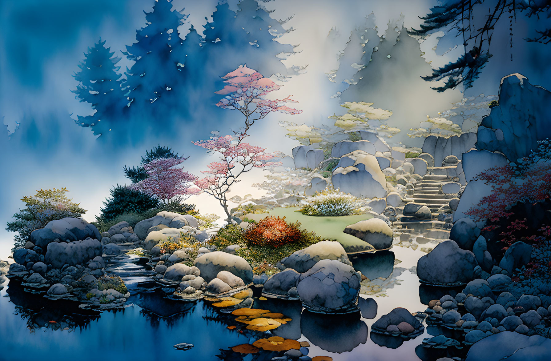 Japanese Garden: Pond, Cherry Trees, Stepping Stones & Mountains