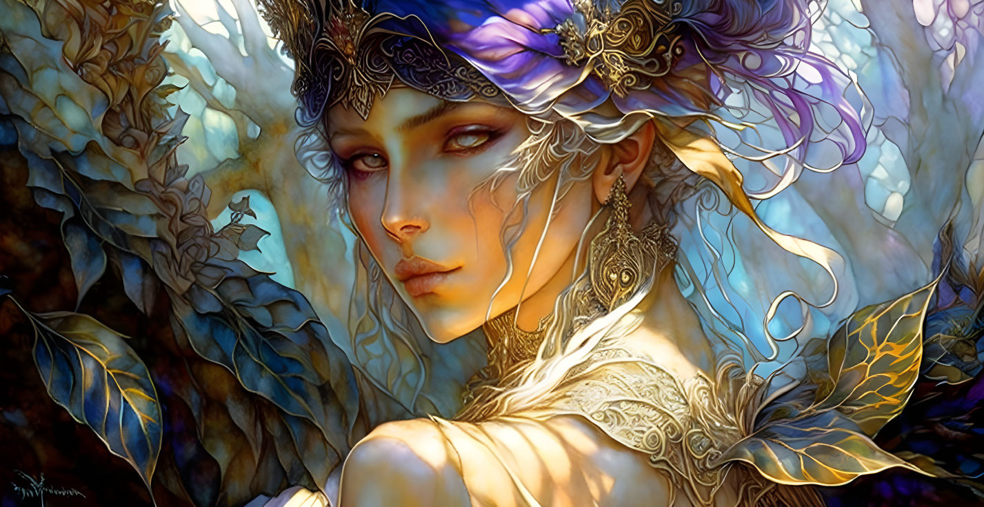 Fantasy artwork of ethereal woman in golden jewelry and purple headpiece