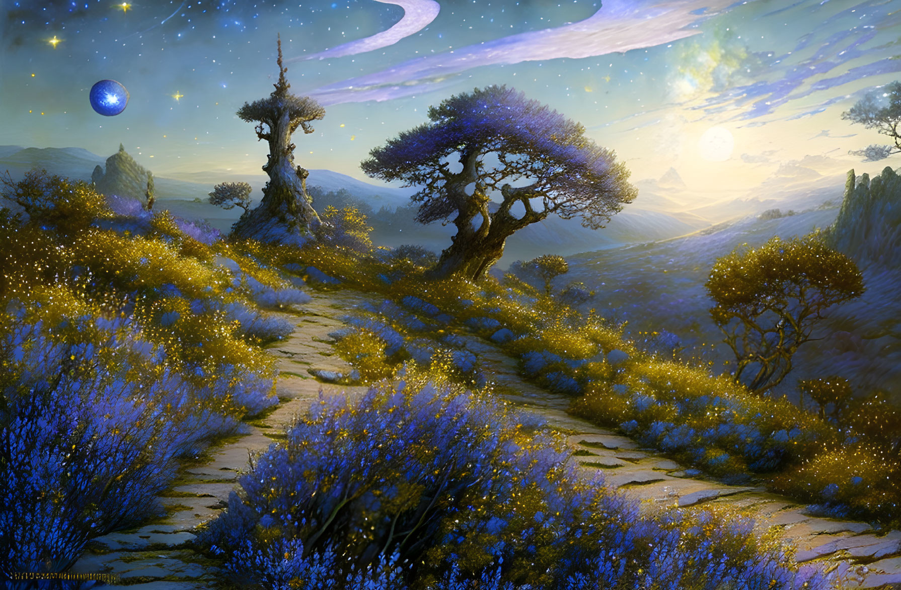 Fantastical landscape with blue foliage under starry sky and glowing horizon.