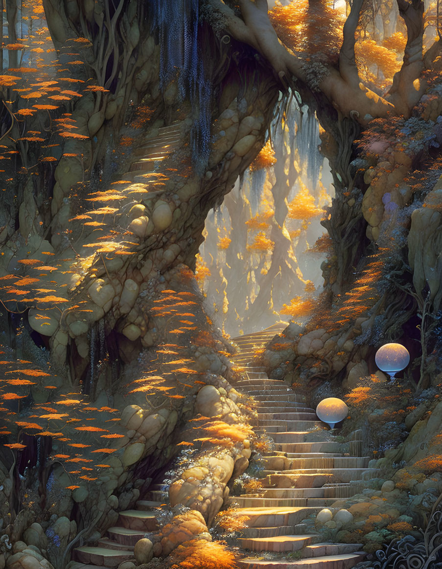 Mystical forest with golden foliage, stone steps, and floating orbs