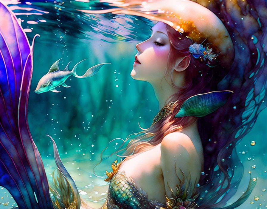 Red-haired mermaid swimming with fish in blue-green underwater scene