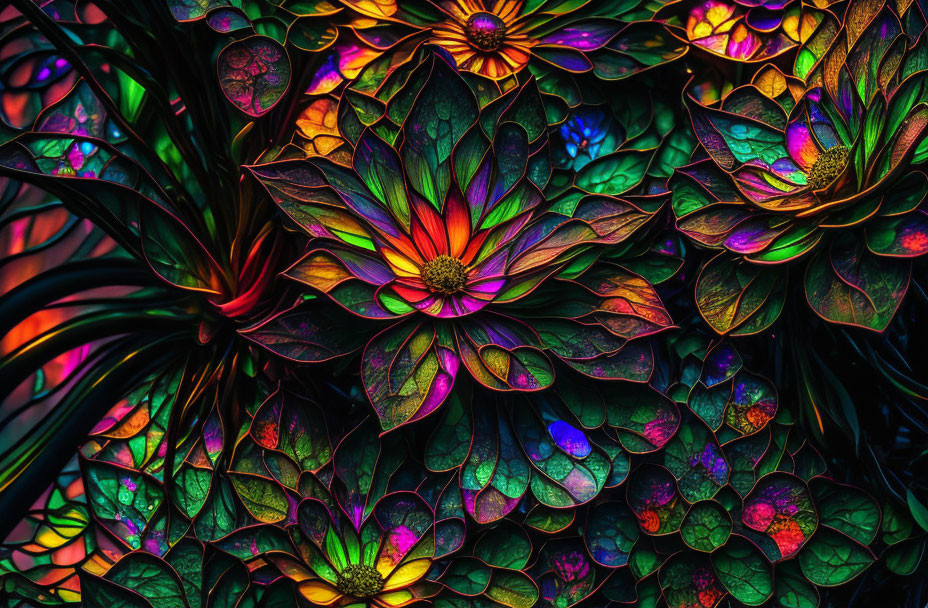 Colorful Neon Flower-Like Patterns on Dark Background