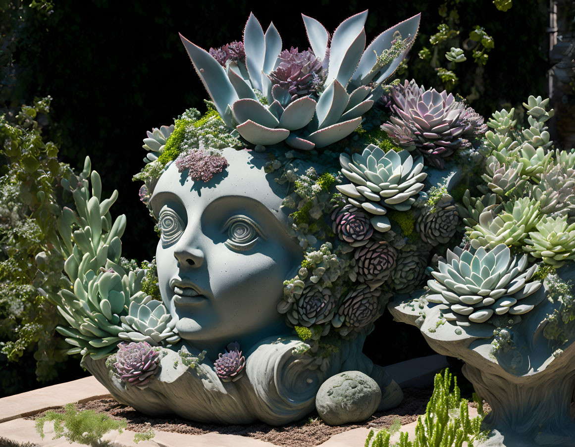 Human Face Sculptural Planter with Succulent Crown