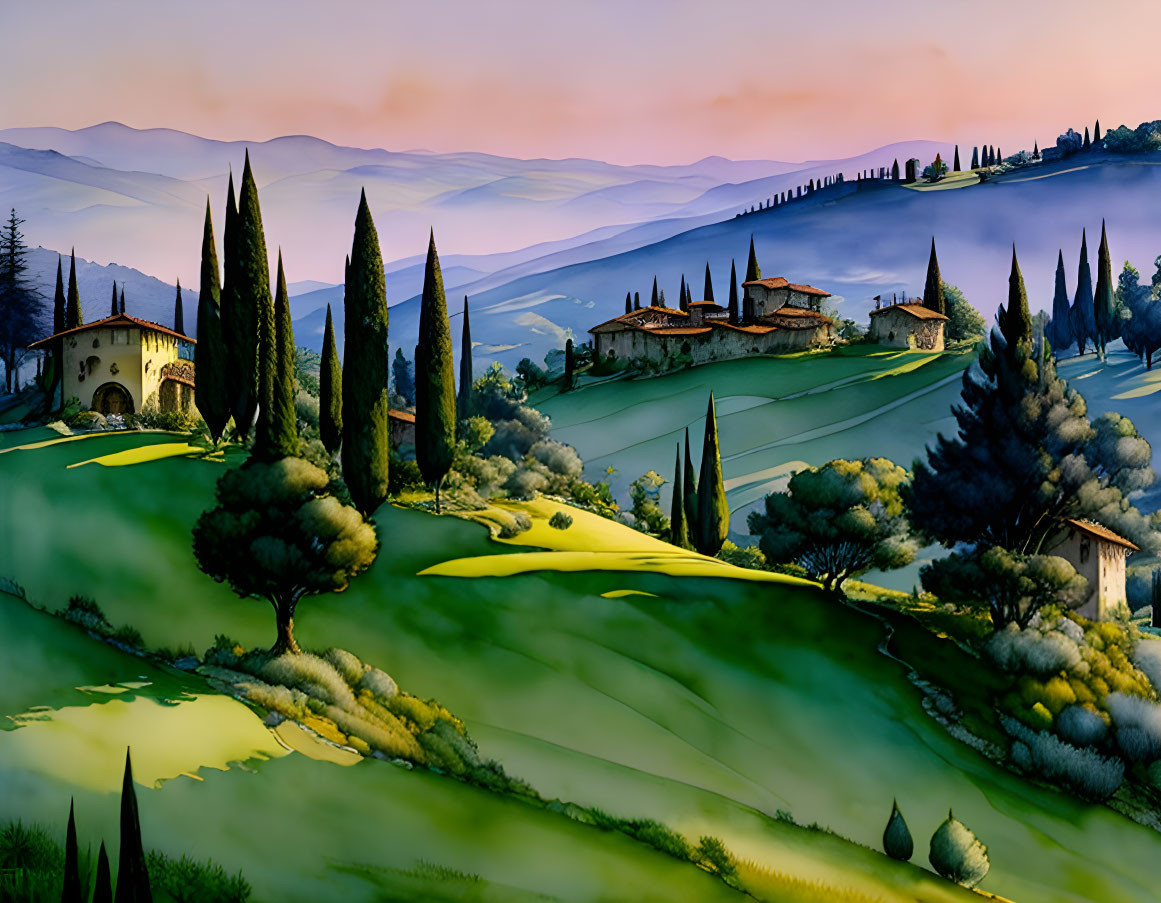 Tranquil Tuscan landscape at dusk with rolling hills and cypress trees