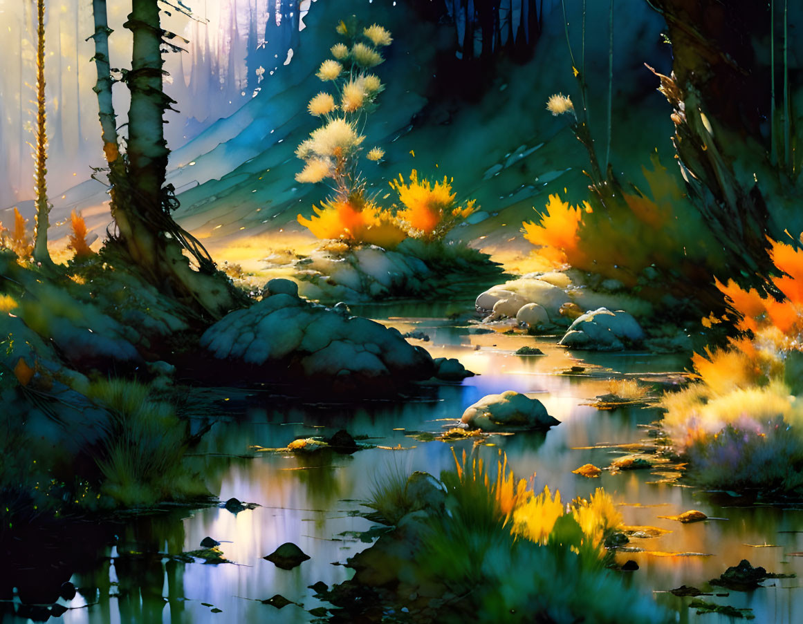 Vibrant mystical forest scene with serene pond and glowing flora