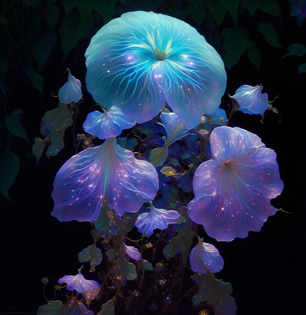 Bioluminescent blue flowers resembling jellyfish on dark background